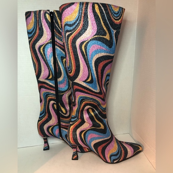 Gianni Bini Cat-Walk Glitter Snip Toe Colorful Swirl Pattern Knee-High Boots NWT - Picture 8 of 16